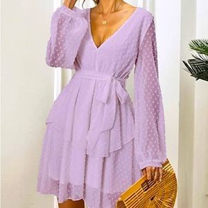 Lilac Purple Swiss Dot Belted High Waist A-Line Dress